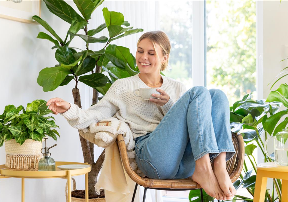 GS892038_Jungle Ambiente - Frau sitzt im Wohnzimmer zwischen Grünpflanzen_.jpg